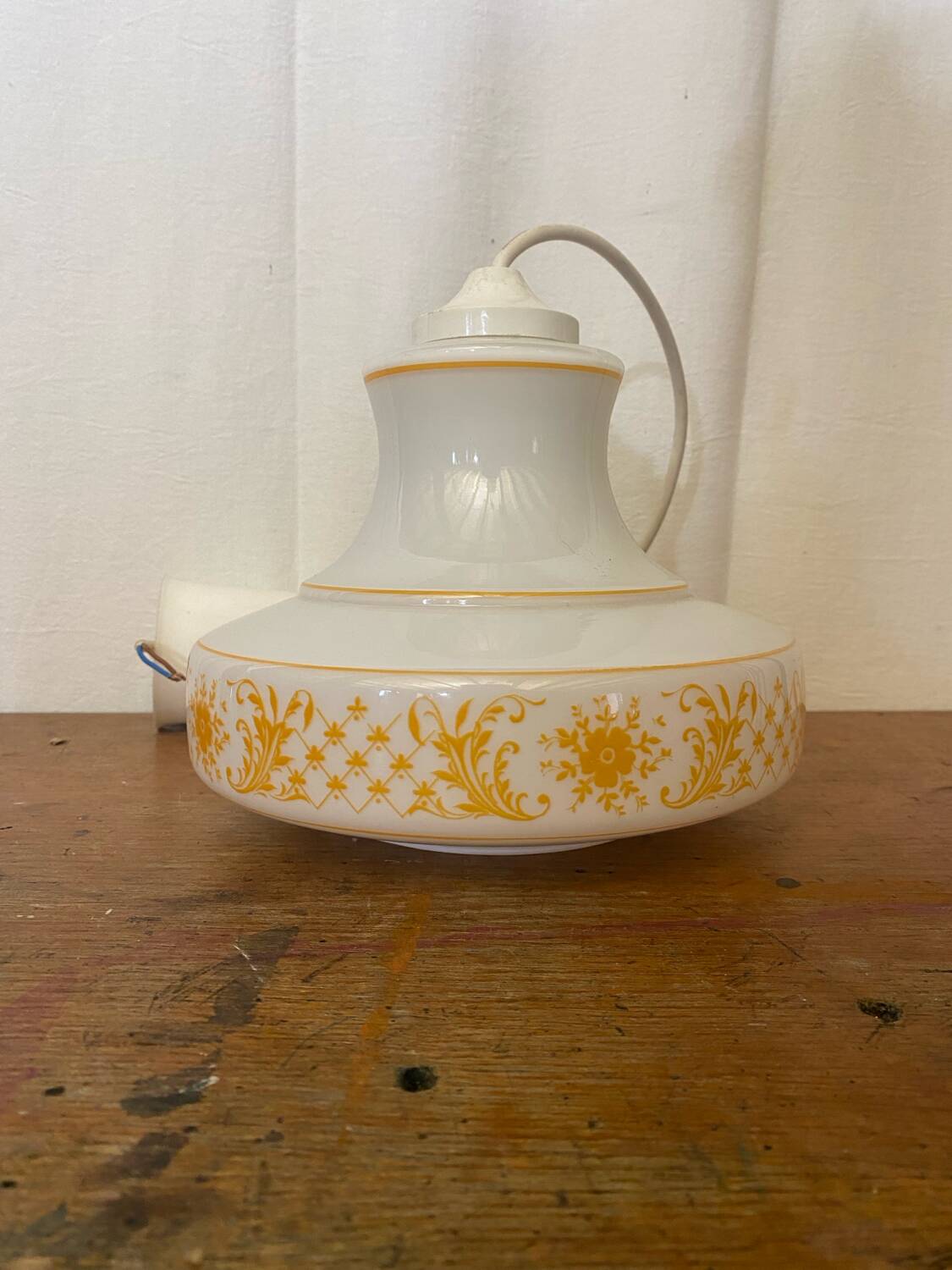 Antique White Opaline & Yellow Decor Pendant Light 70s Vintage