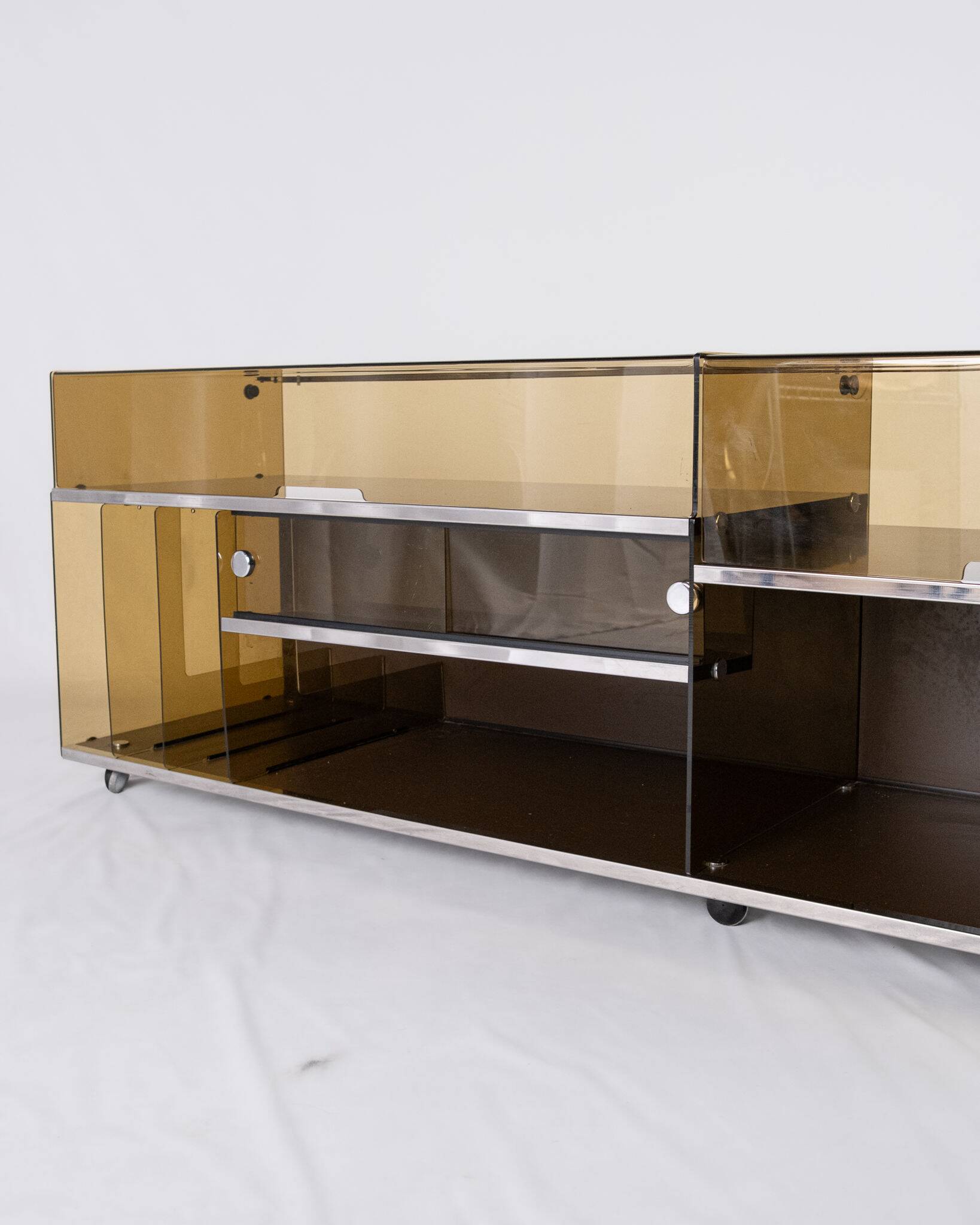 Enfilade or hi-fi unit in smoked plexiglass, France, 1970s