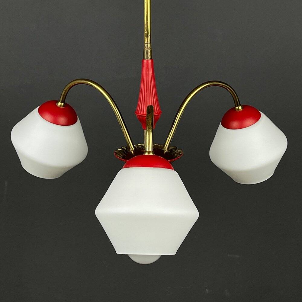 Italian vintage chandelier in brass and milky glass with 3 arms, 1950s.
