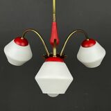 Italian vintage chandelier in brass and milky glass with 3 arms, 1950s.