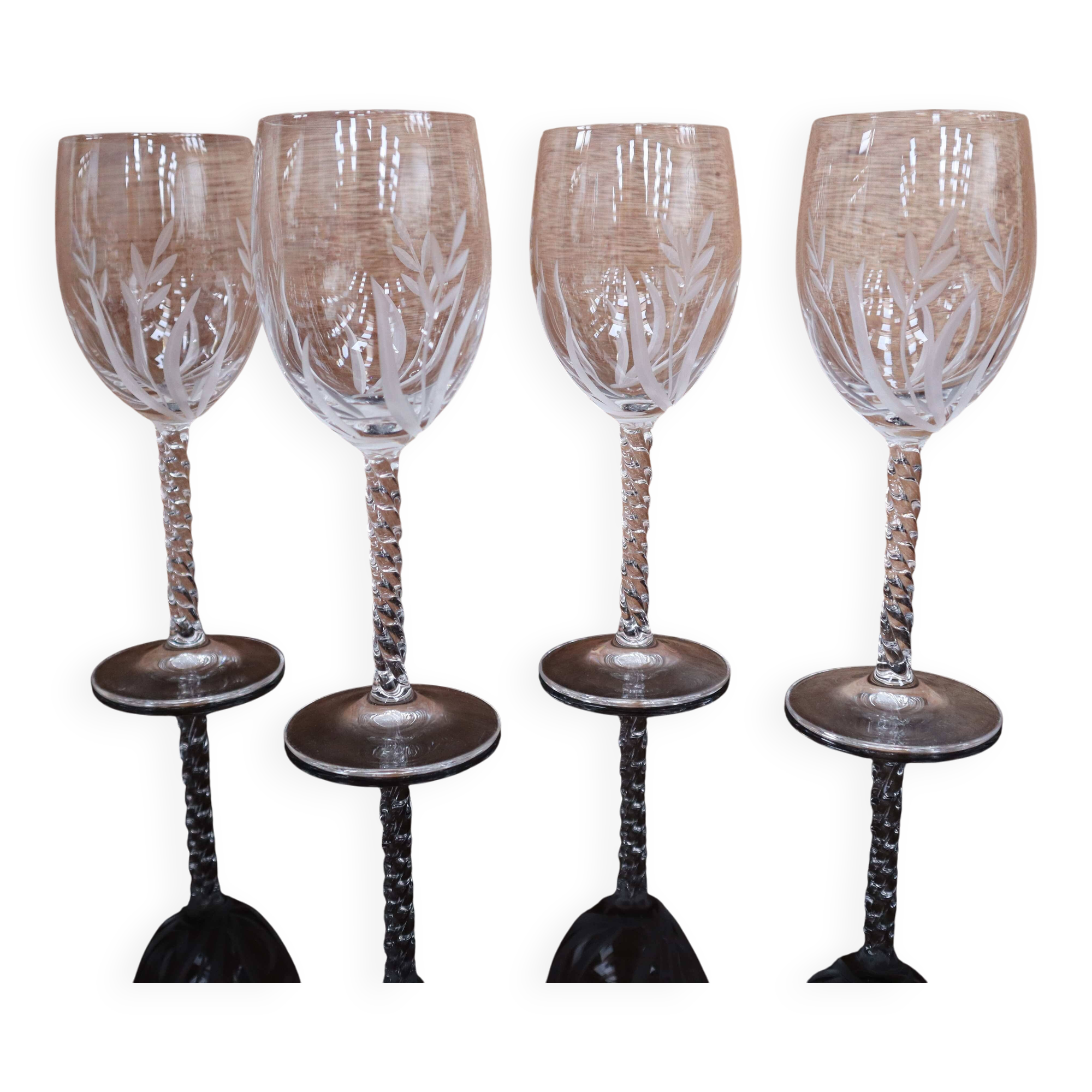 Set of 4 Vintage Engraved Crystal White Wine Glasses