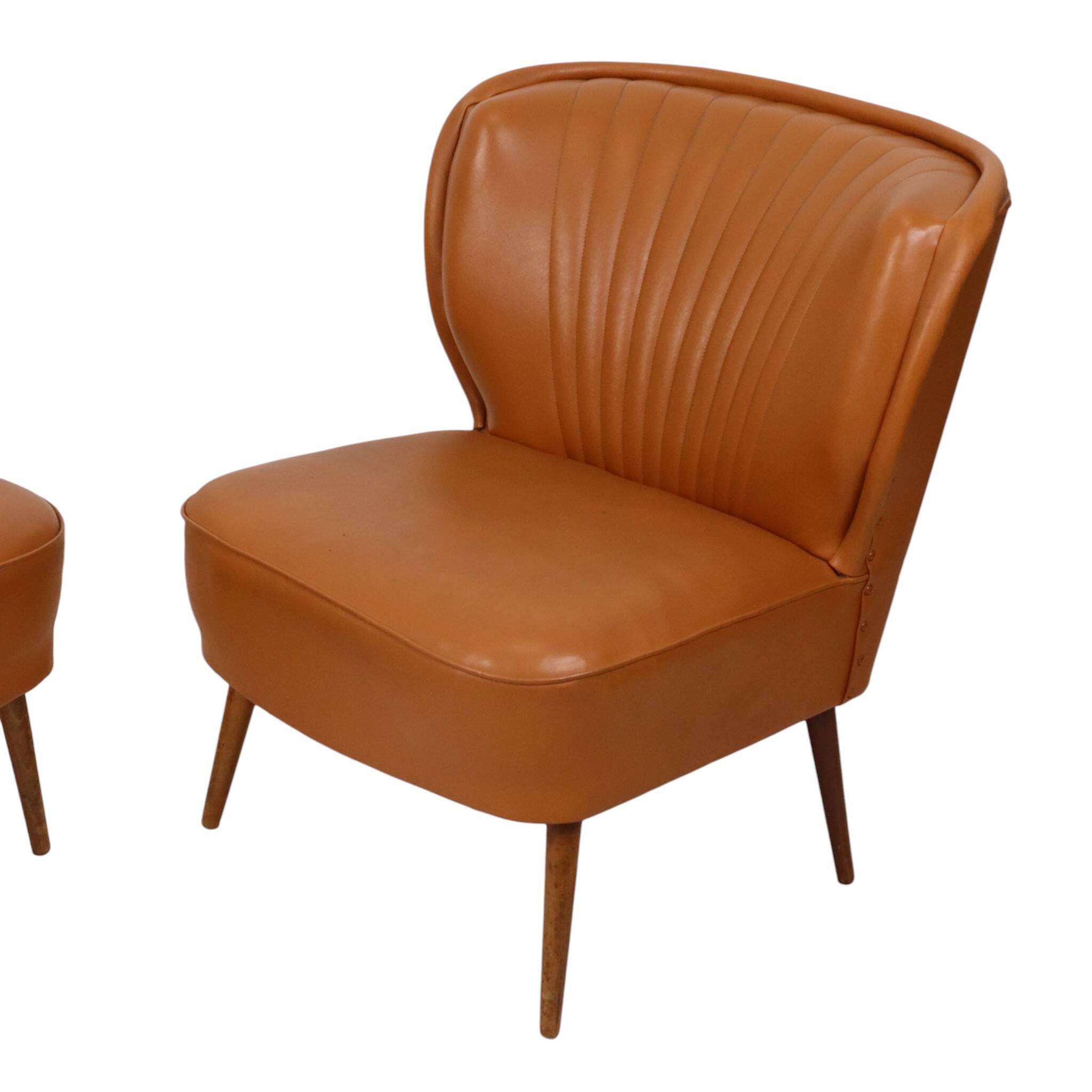 Pair of Vintage Expo 58 Cocktail Chairs, Cognac Faux Leather, Sixties
