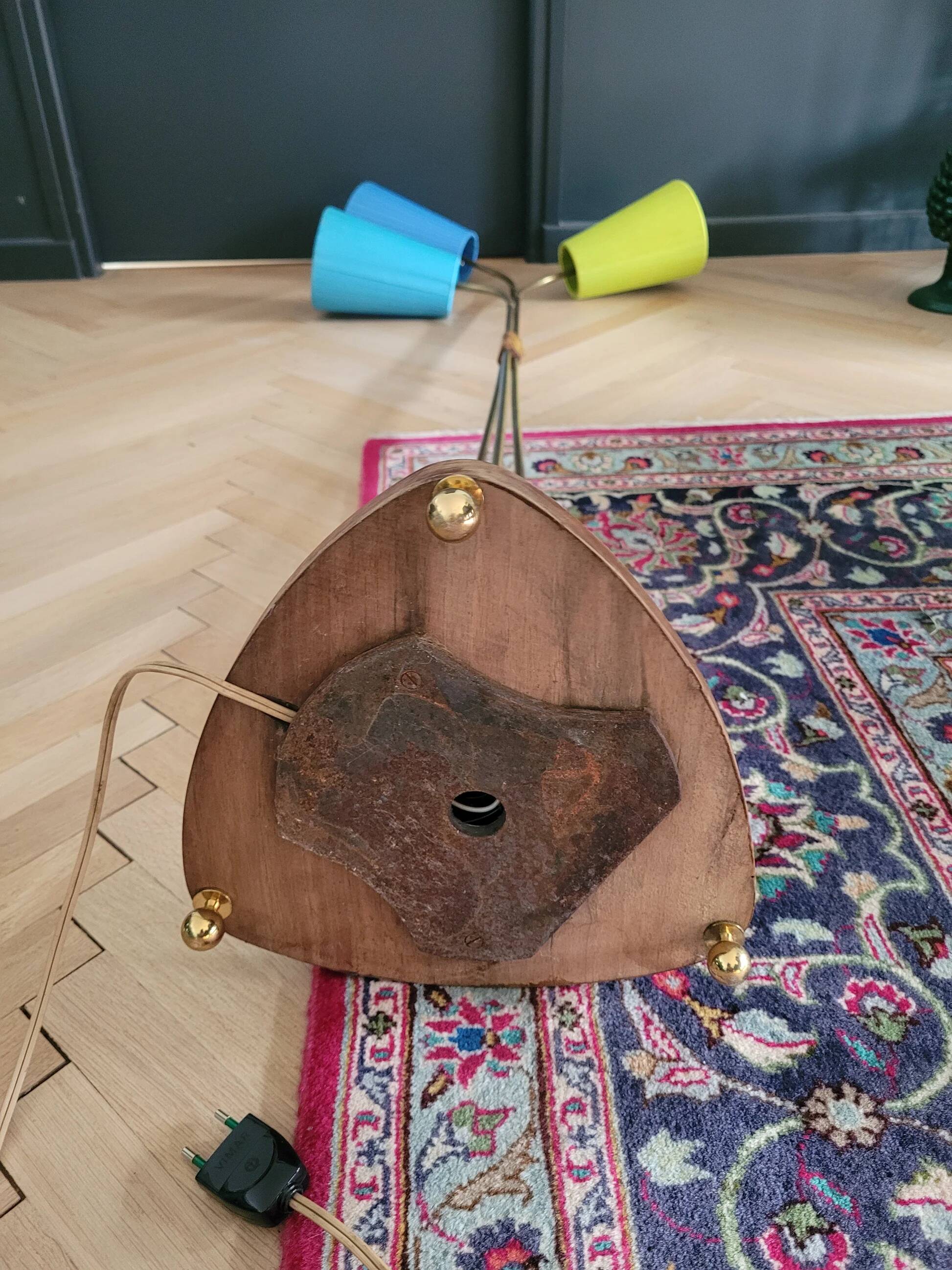 1950s three-light floor lamp with coloured shades