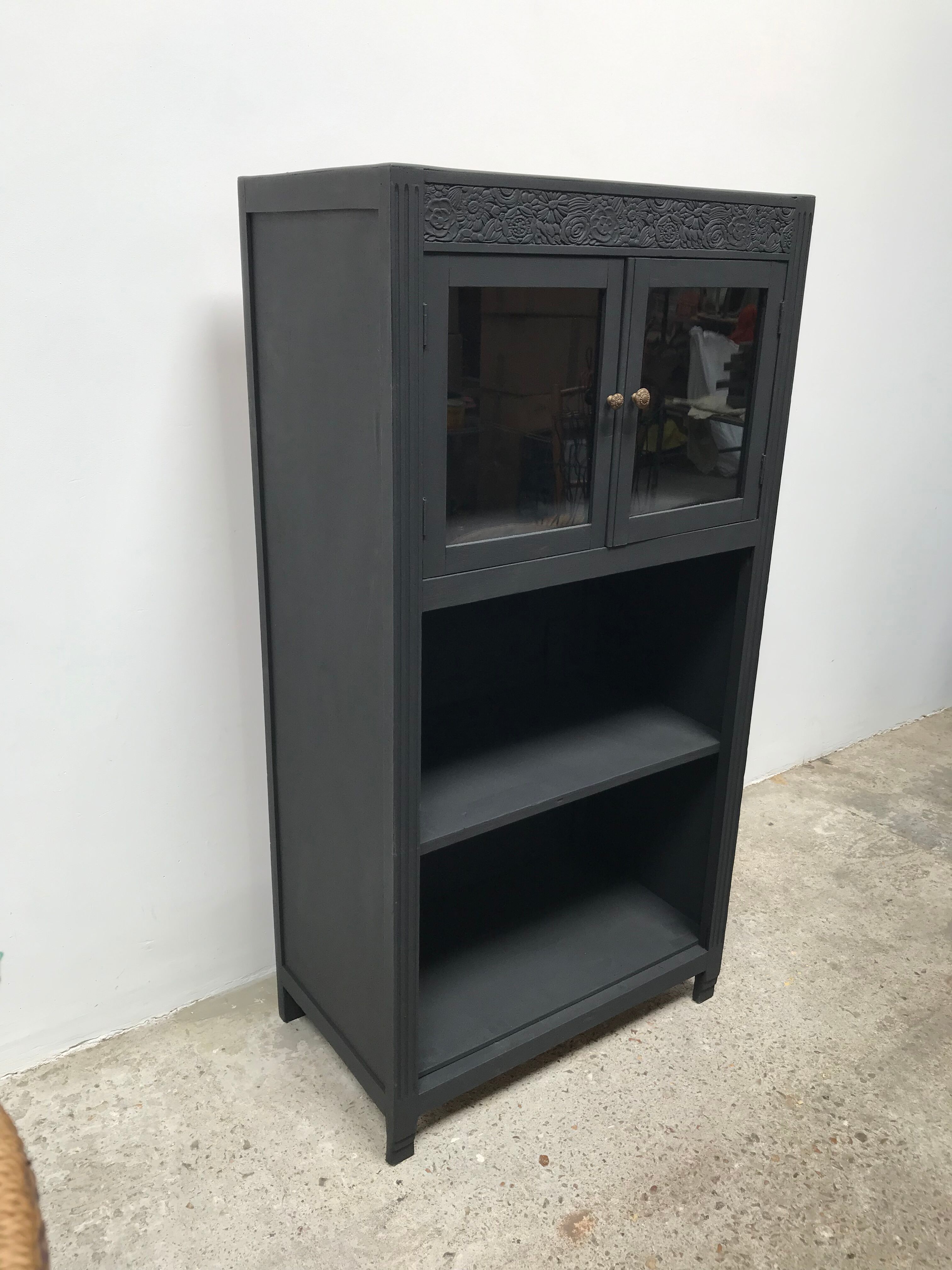 Matte 1930s black glass cabinet