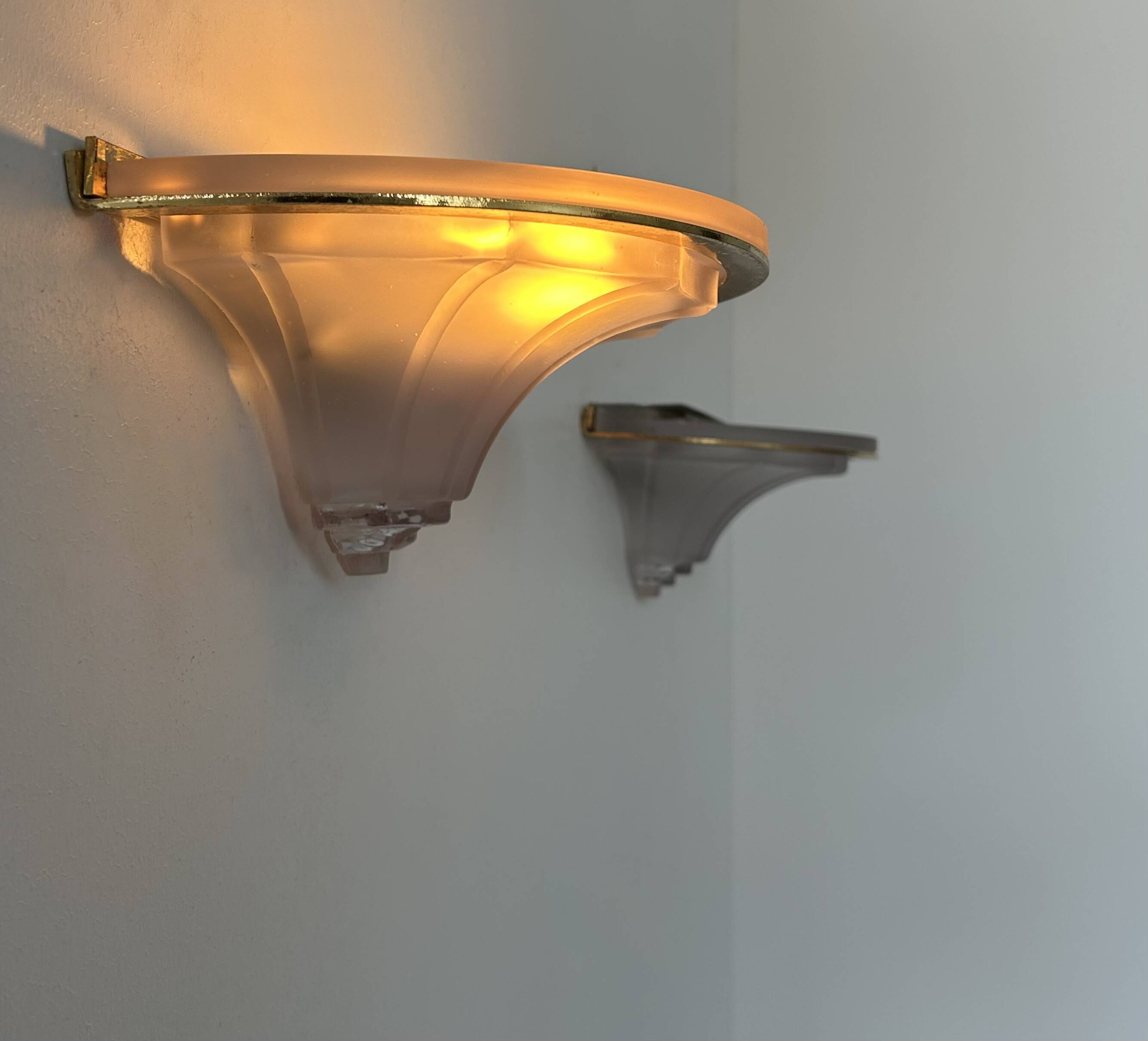 Pair of vintage glass and brass wall lights, France, 1960s