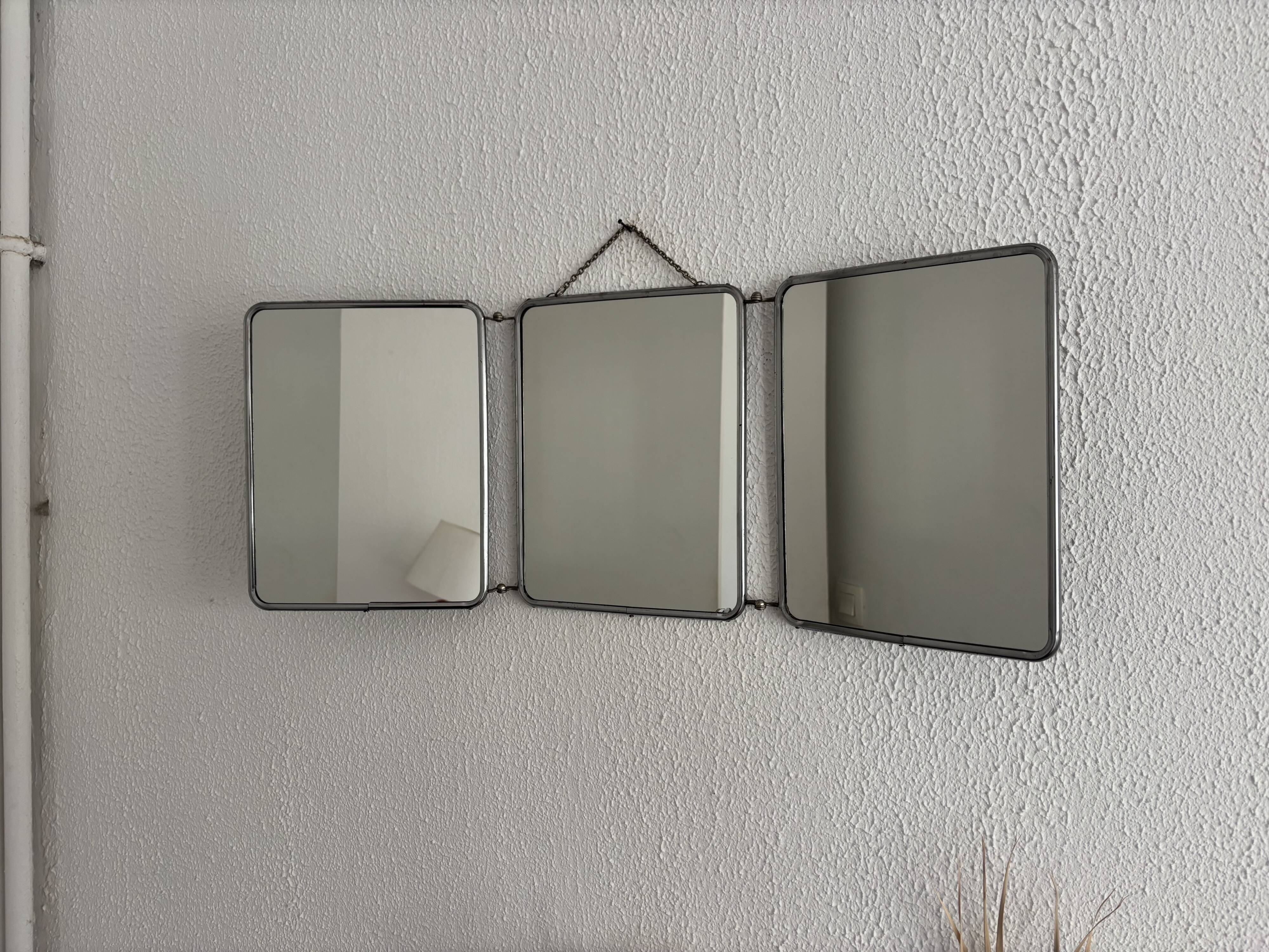 Miroir vintage 1960 triptyque barbier argenté Arpin - 28 x 70 cm