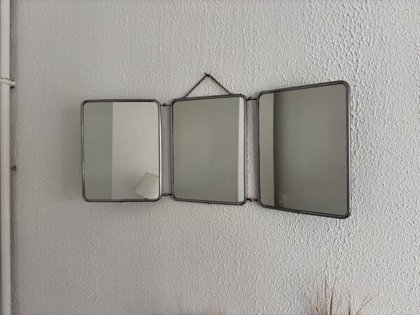Miroir vintage 1960 triptyque barbier argenté Arpin - 28 x 70 cm