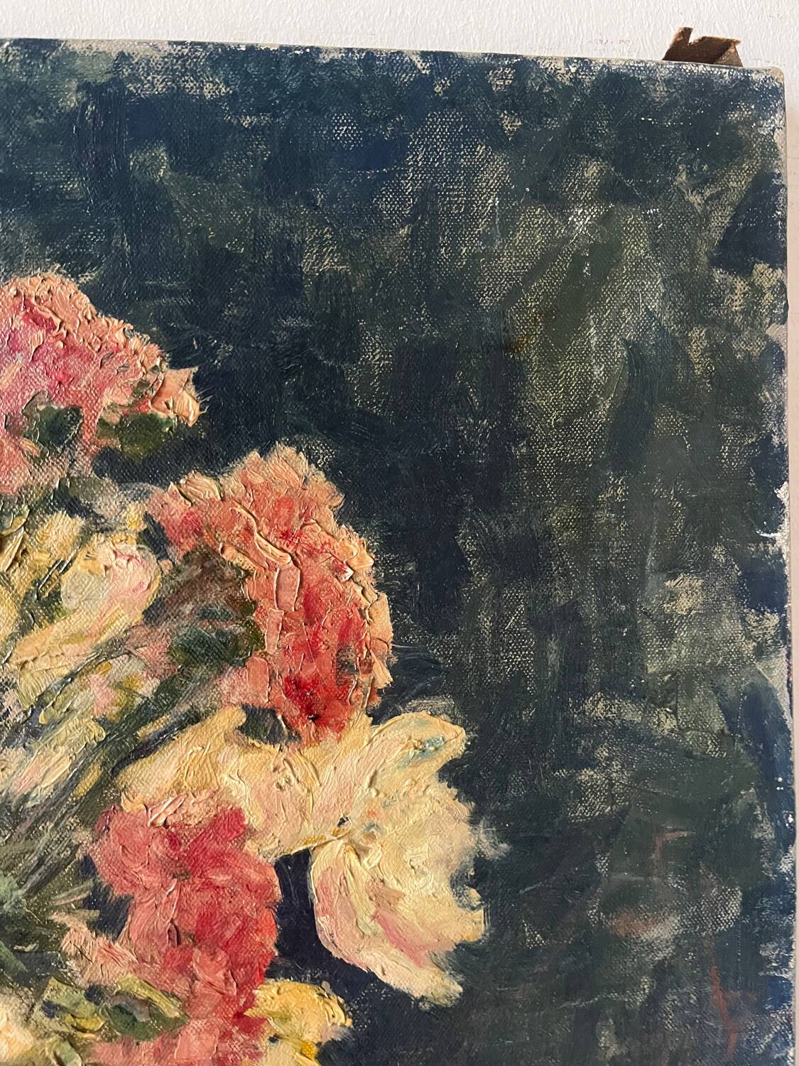 Bouquet of carnations in a blue and white vase, signed