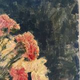 Bouquet of carnations in a blue and white vase, signed