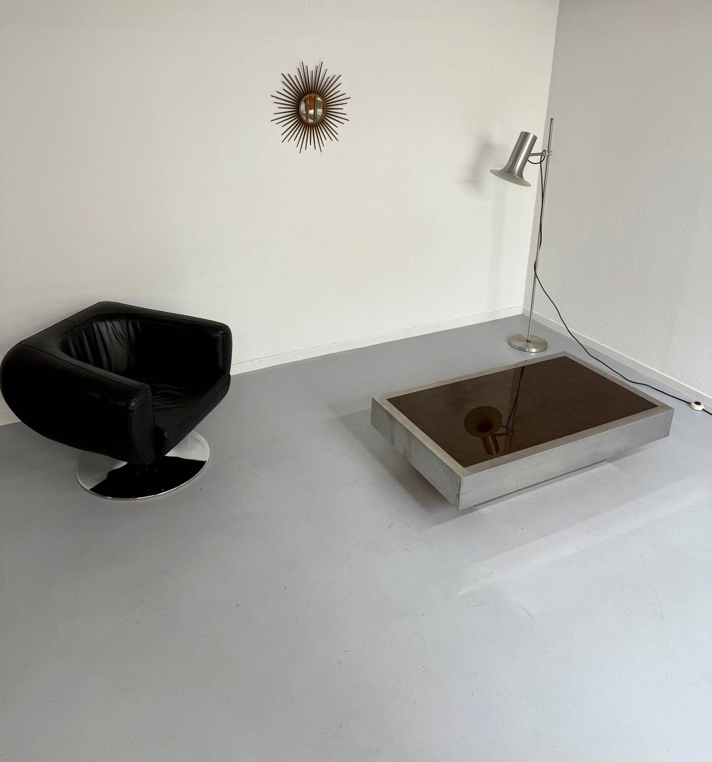 Italian coffee table in chromed metal and vintage brown glass top 70s