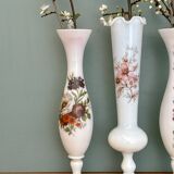 Set of 3 vintage vases/soliflores in white opaline with floral decorations.