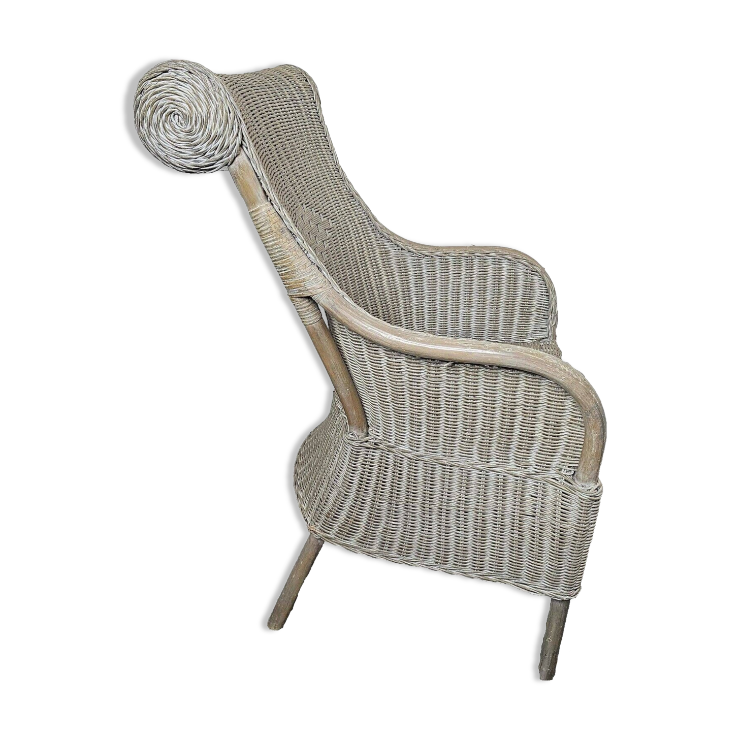Gray patinated rattan armchair
