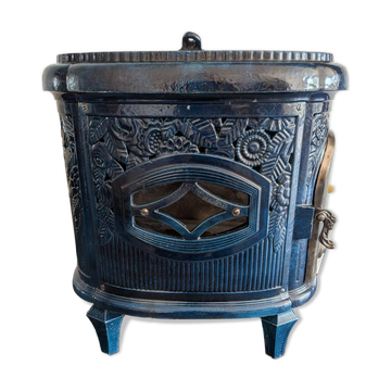 Poêle ancien "Le Non Pareil" en fonte émaillée bleue – Upcyclé au bioéthano