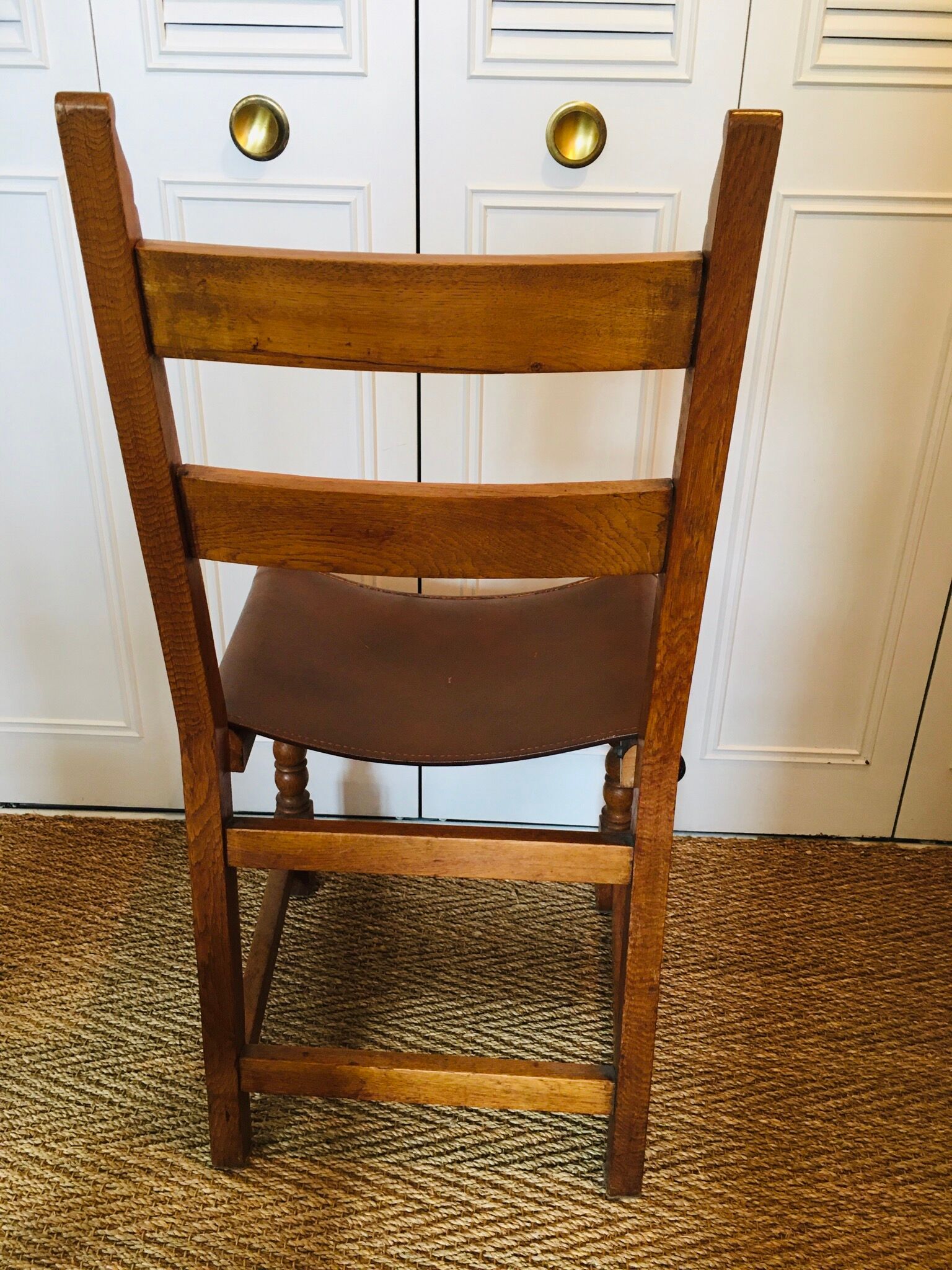 Lot of 4 old wooden and leather chairs