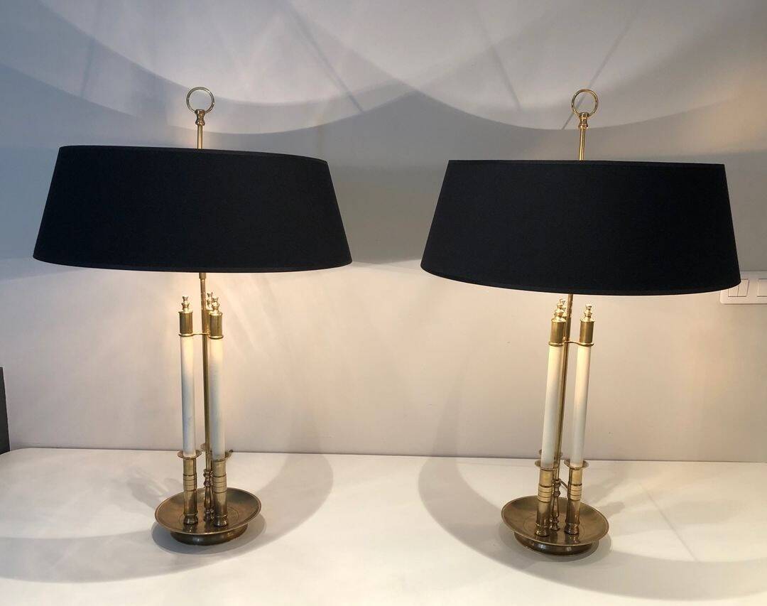 Pair of Brass and White Lacquer Table Lamps, Neoclassical Style, Tr