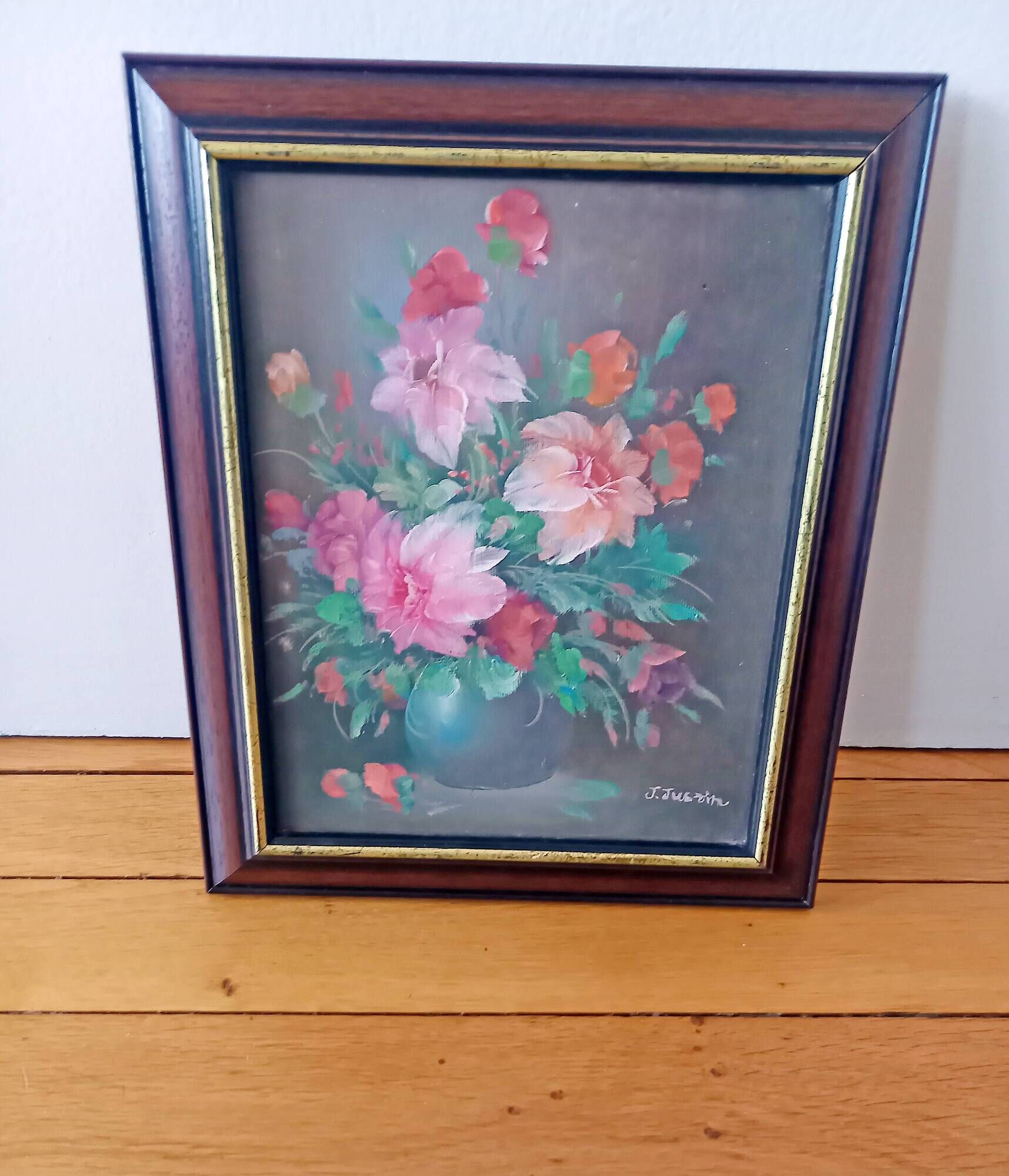 Small Painting Oil on Canvas Framed Still Life Flowers J. Justin Collection Signed