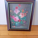 Peinture huile sur toile encadrée nature morte fleurs par J.Justin collection signé