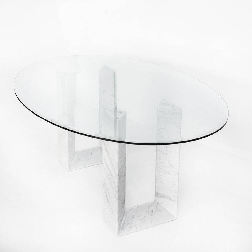 Table named "Diapason". Carrara marble and glass. Cattelan Italia. 90s.