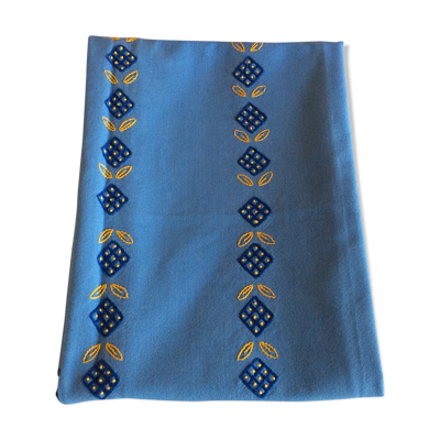 Nappe bleue ancienne broderie main