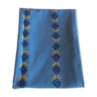 Old blue tablecloth with hand embroidery