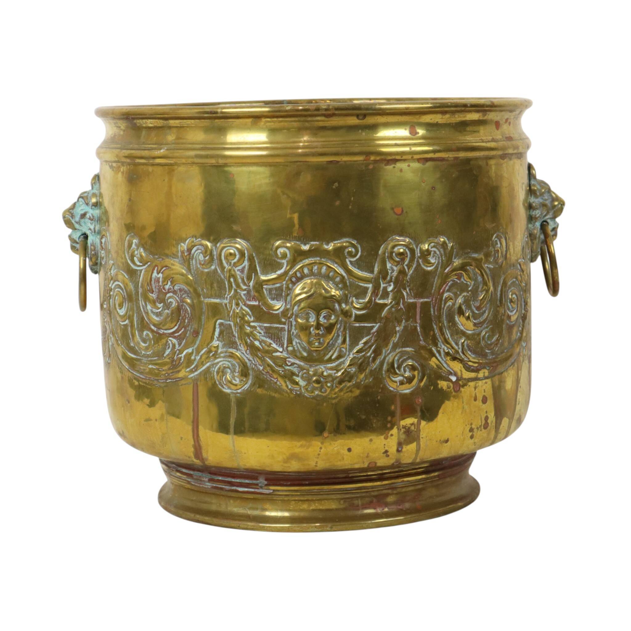 Large Brass Planter Jardinière Firewood Repoussé ca 1900