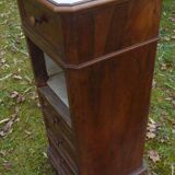 Walnut and walnut veneer bedside table with marble around 1900, door with drawers