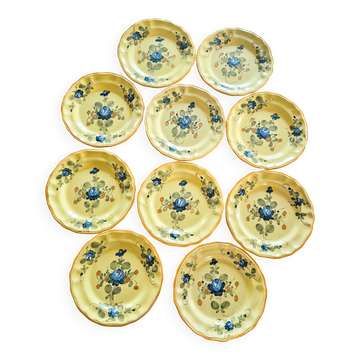 Set of 10 vintage flat plates Martres-Tolosane Blue Rose design.
