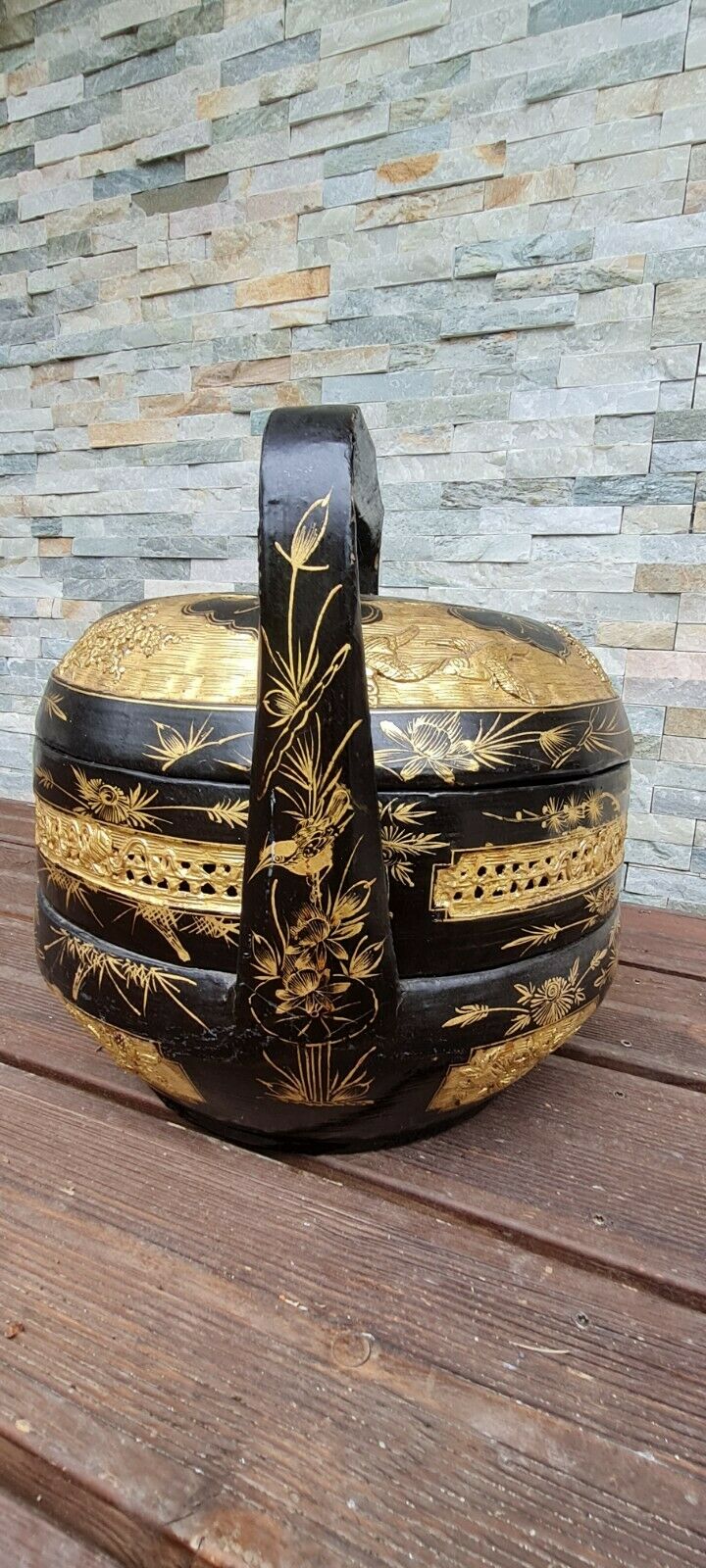 Panier de mariage chinois en bois et osier noir laqué et or