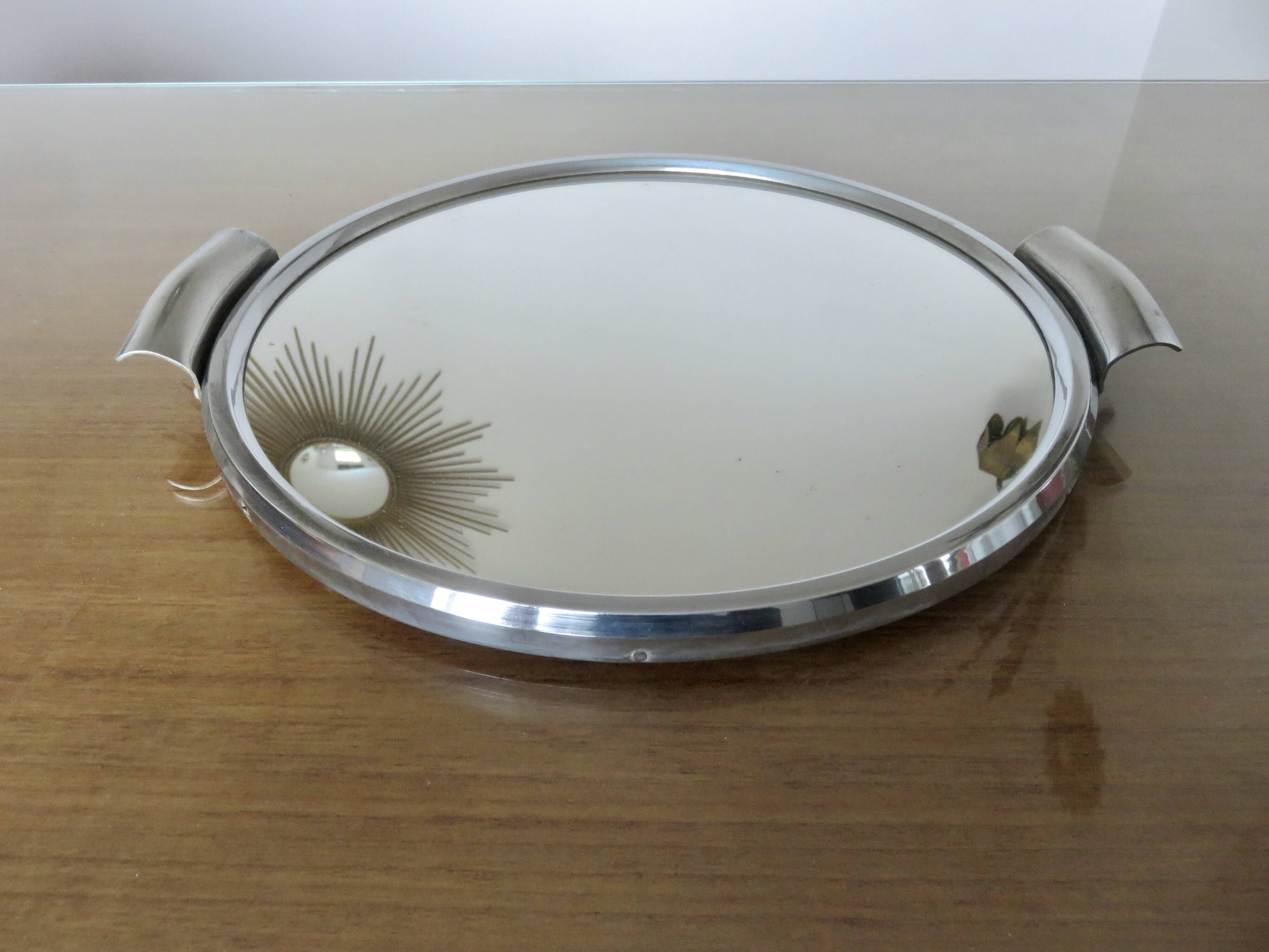 Round mirror tray in chrome-plated brass Art Deco 40s 50s