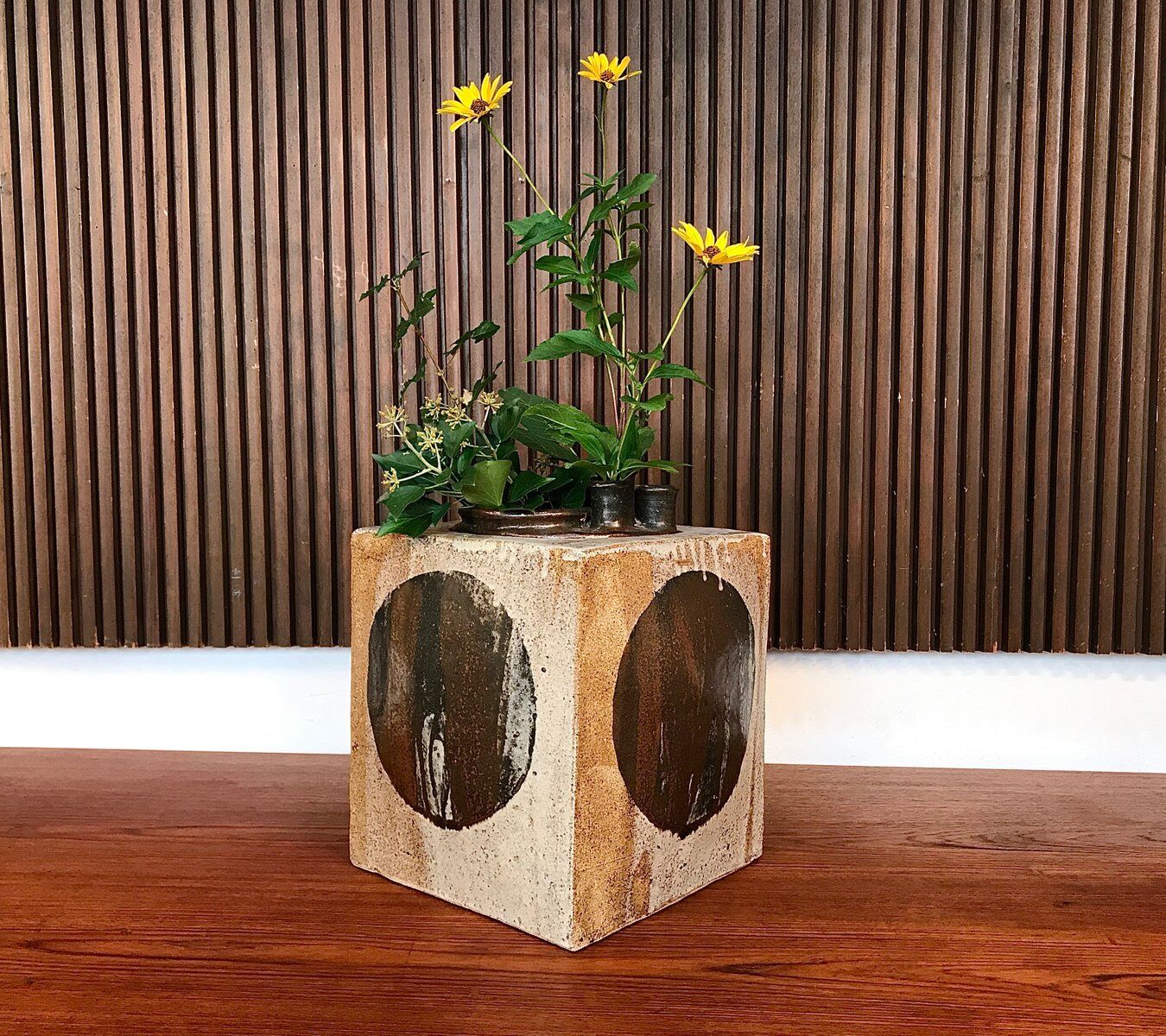 Brutalist ceramic art cube vase by Annette Merkenthaler, Germany 1960s