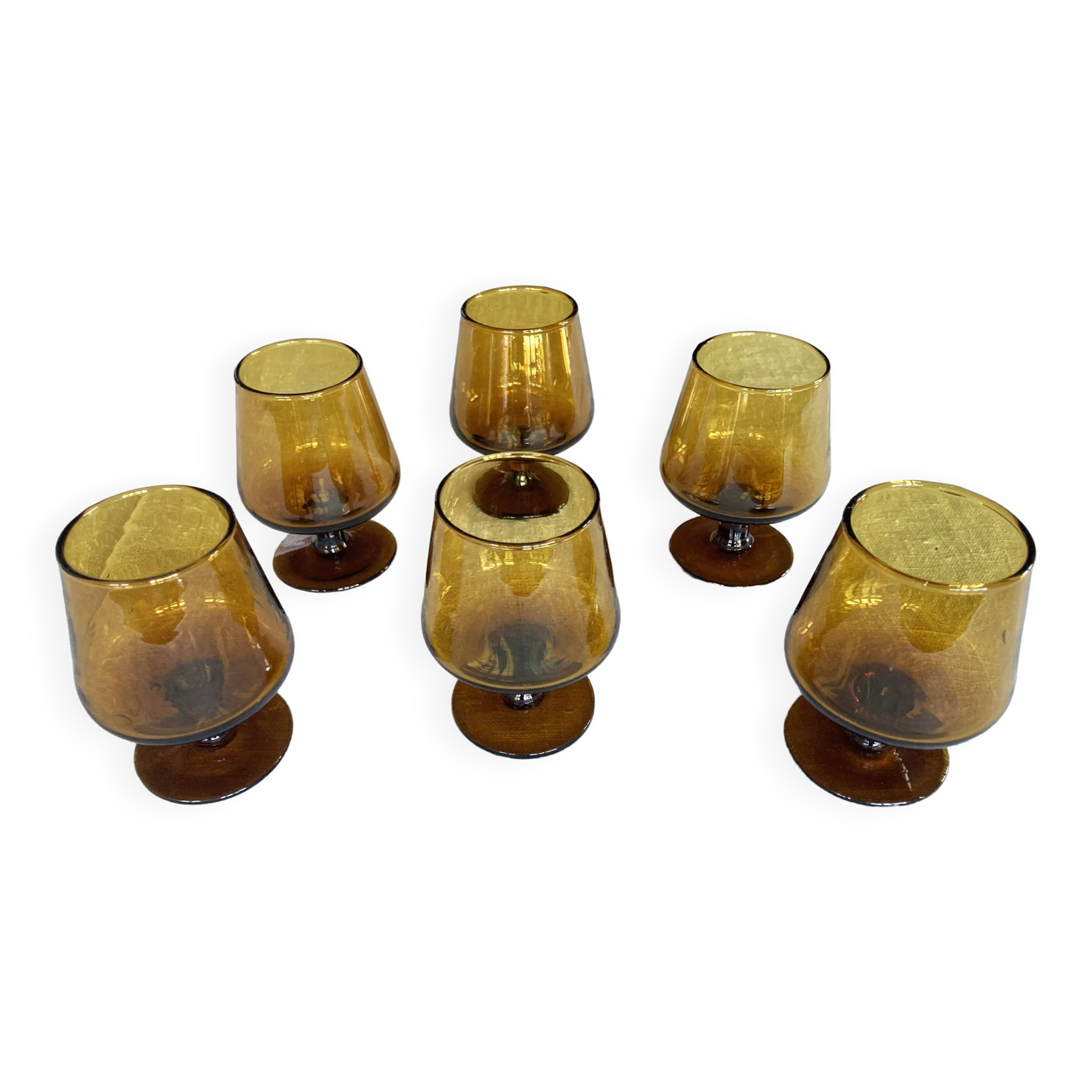 6 small amber glass stemmed glasses