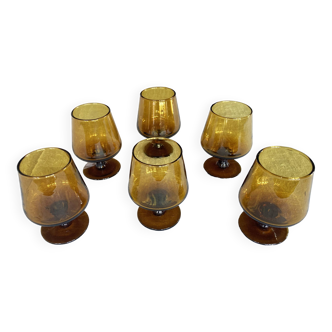 6 small amber glass stemmed glasses