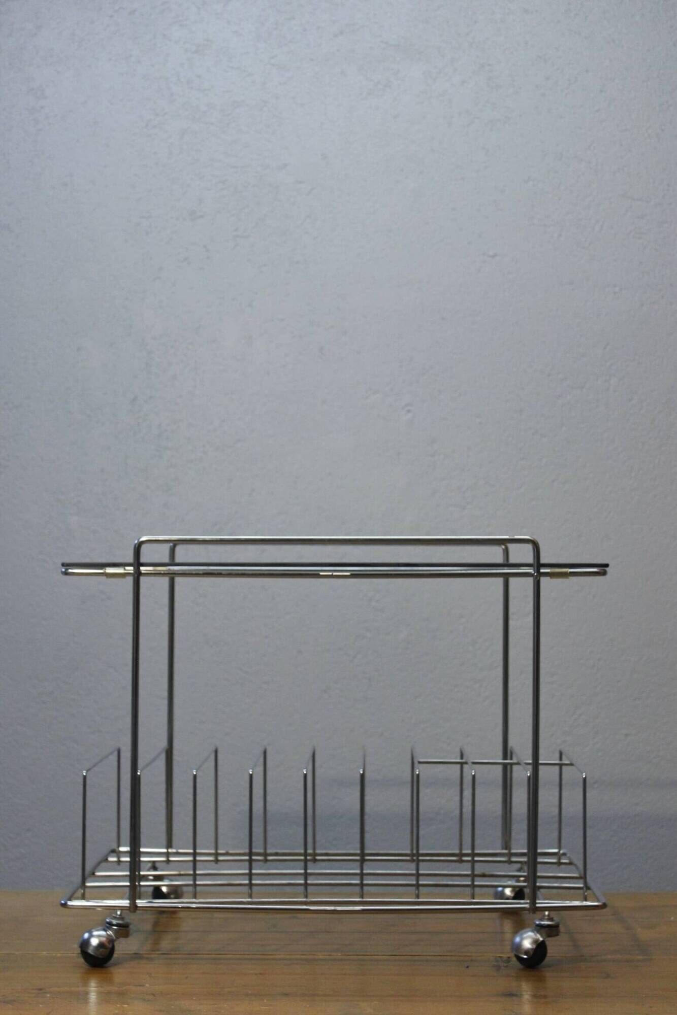 Rolling furniture serving for HIFI vinyl storage chrome & smoked glass 1970s