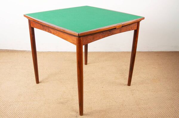 Table Danoise extensible et réversible, jeux ou repas, palissandre 1960.