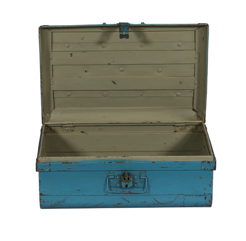 Indian travel trunk blue metal Victorian era