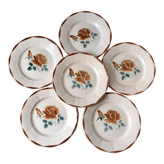 Set of 6 flat plates pink flowers digoin sarreguemines 40s