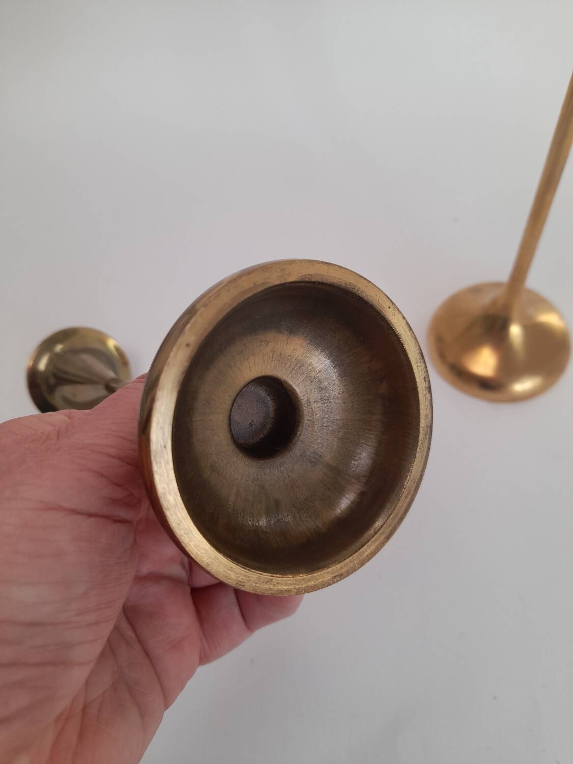 Pair of trumpet candlesticks in brass, Danish design.