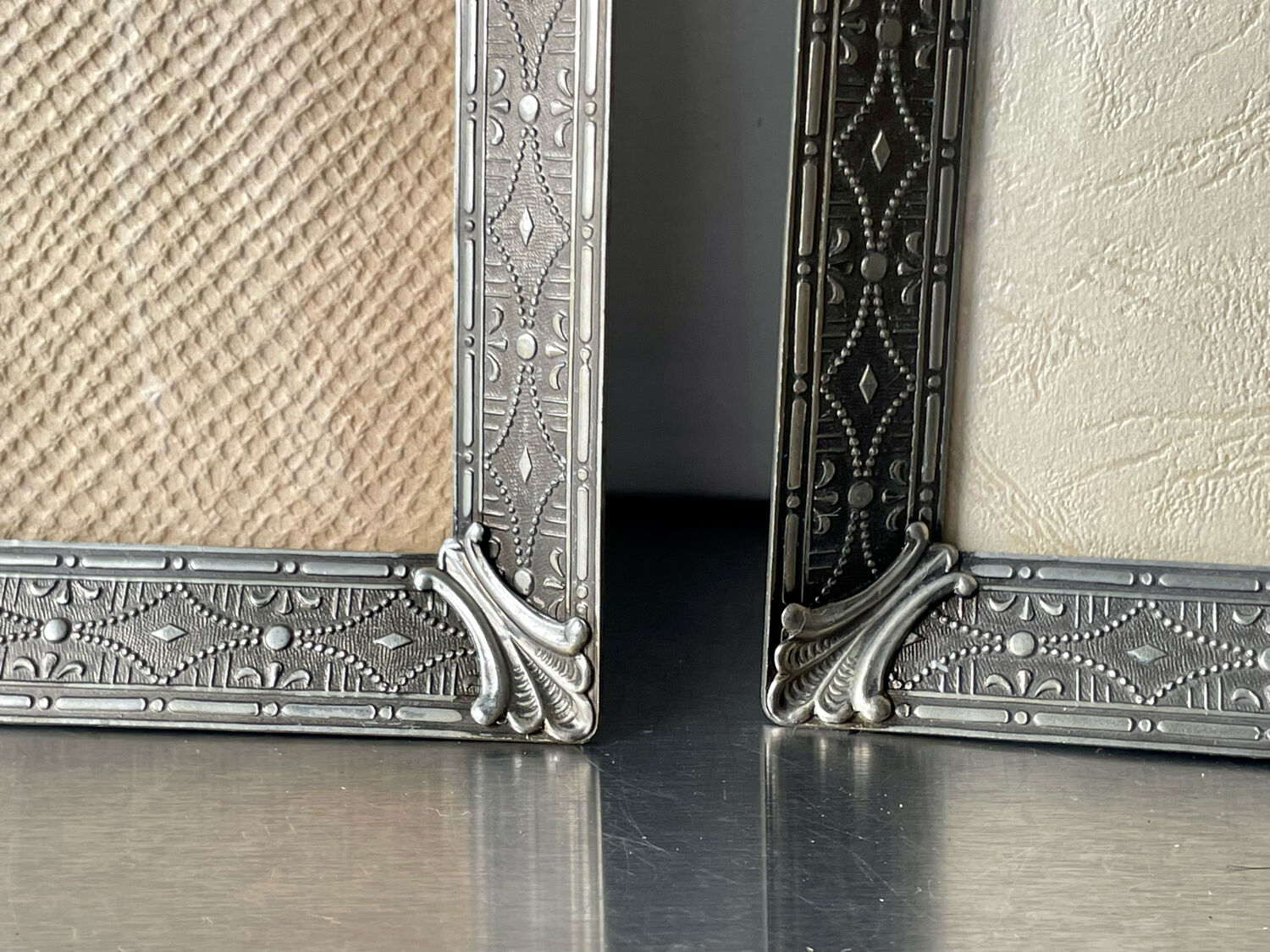 Pair identical vintage metal frames each 18.5 cm x 14.5 cm convex glass