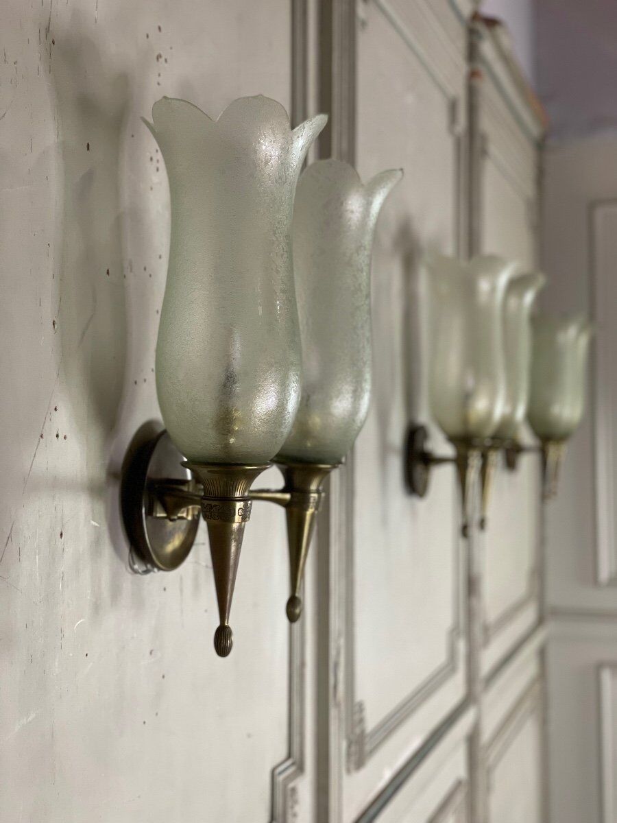 Suite of 4 wall lamps in bronze and murano glass, pier luigi colli and seguso, 1955