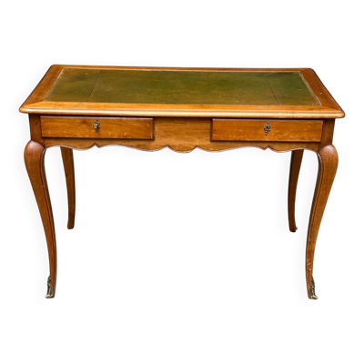 Bureau plat style Louis XV en merisier massif à tirettes et plateau cuir 19