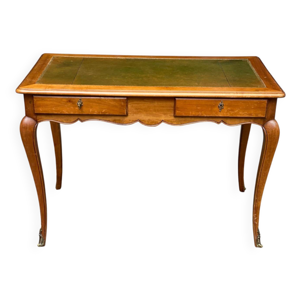 Bureau plat style Louis XV en merisier massif à tirettes et plateau cuir 19