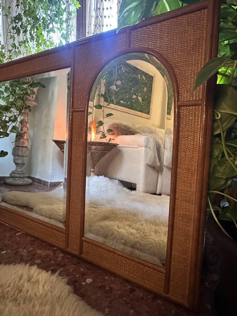 Italian coastal mirror in bamboo and rattan in the style of Vivai del Sud, 1970s.