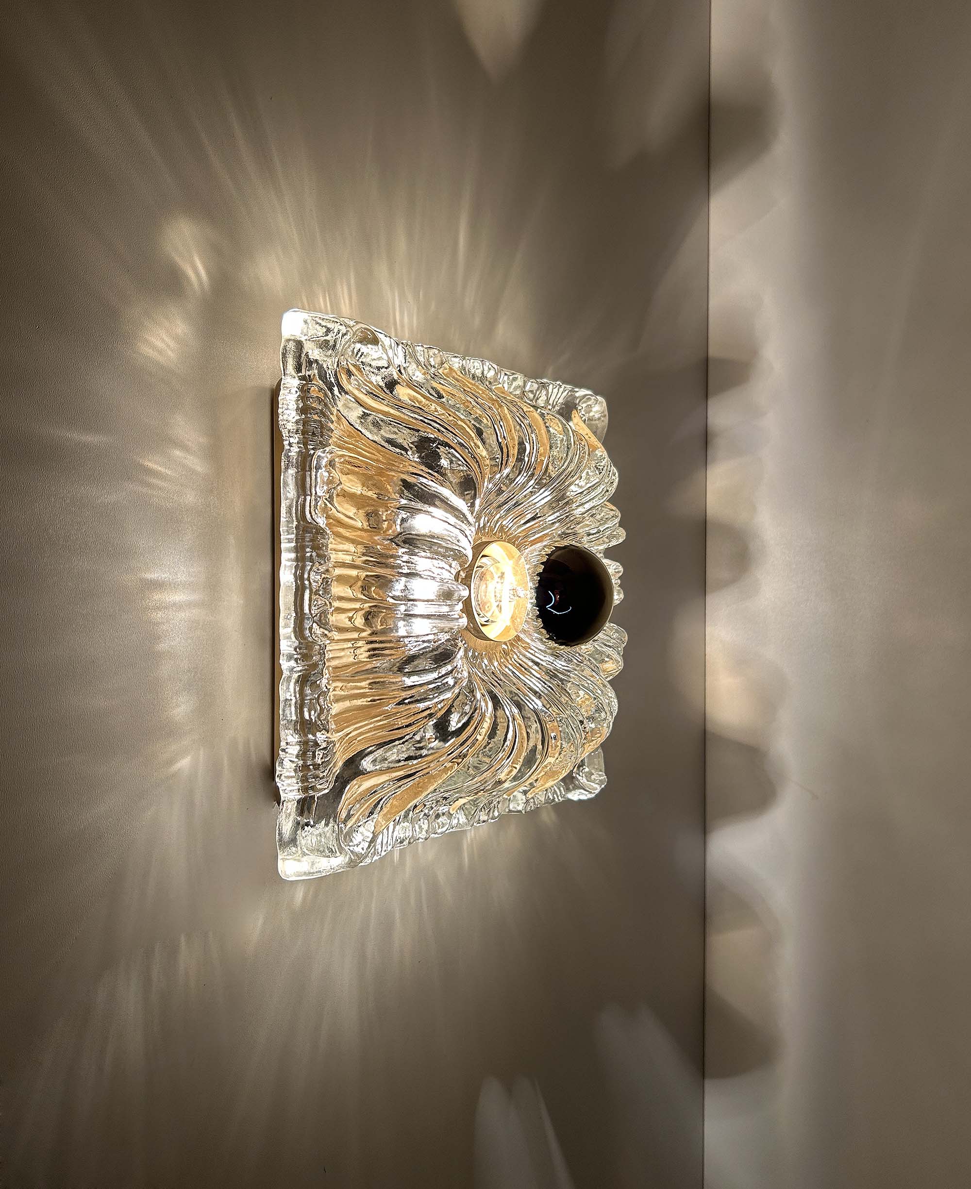 Pair large vintage architectonic wall lamps, 60s, glass