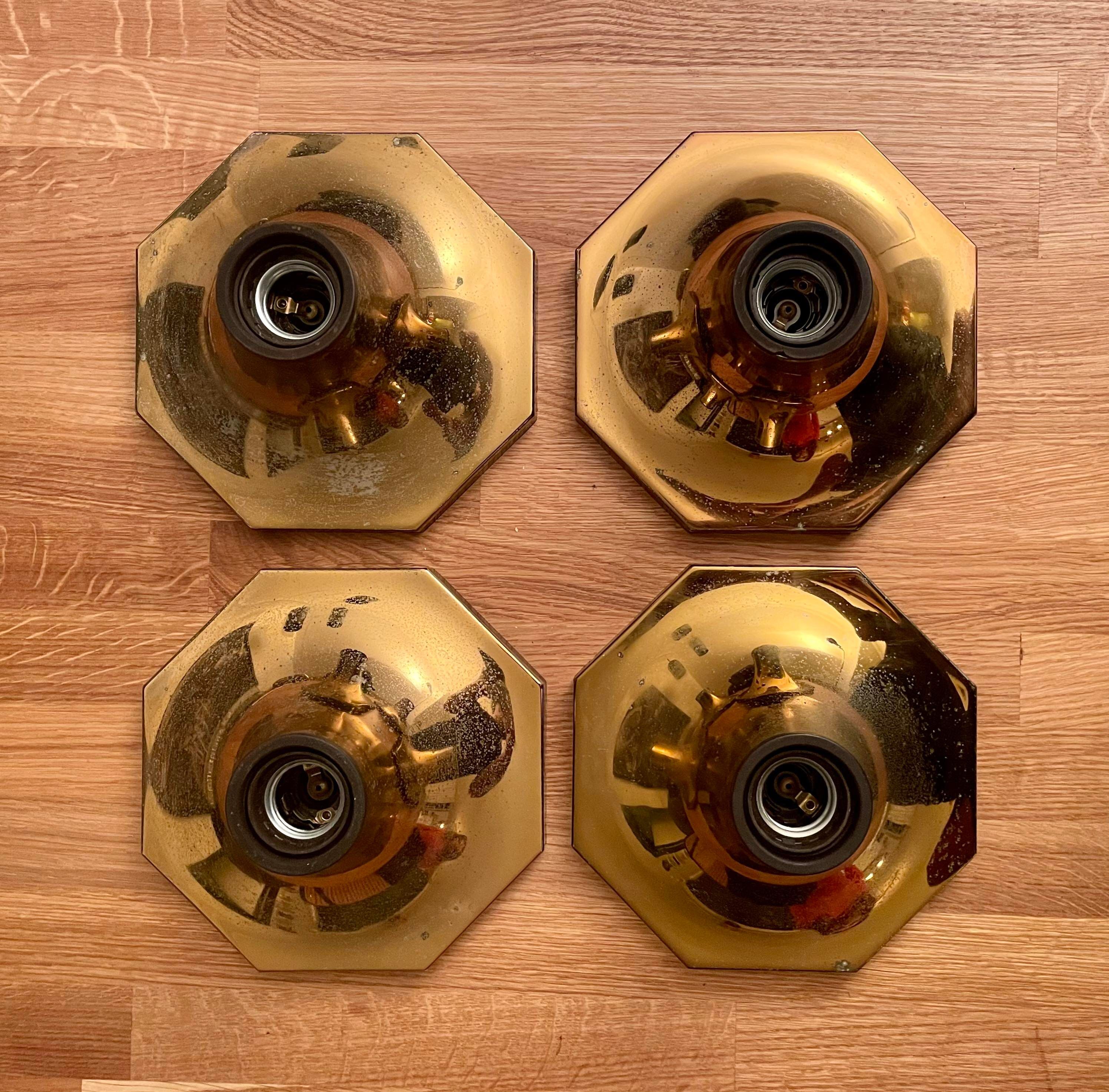 Suite of 4 vintage brass wall lamps, ceiling lights, by Motoko Ishii for Staff Leuchten 1970