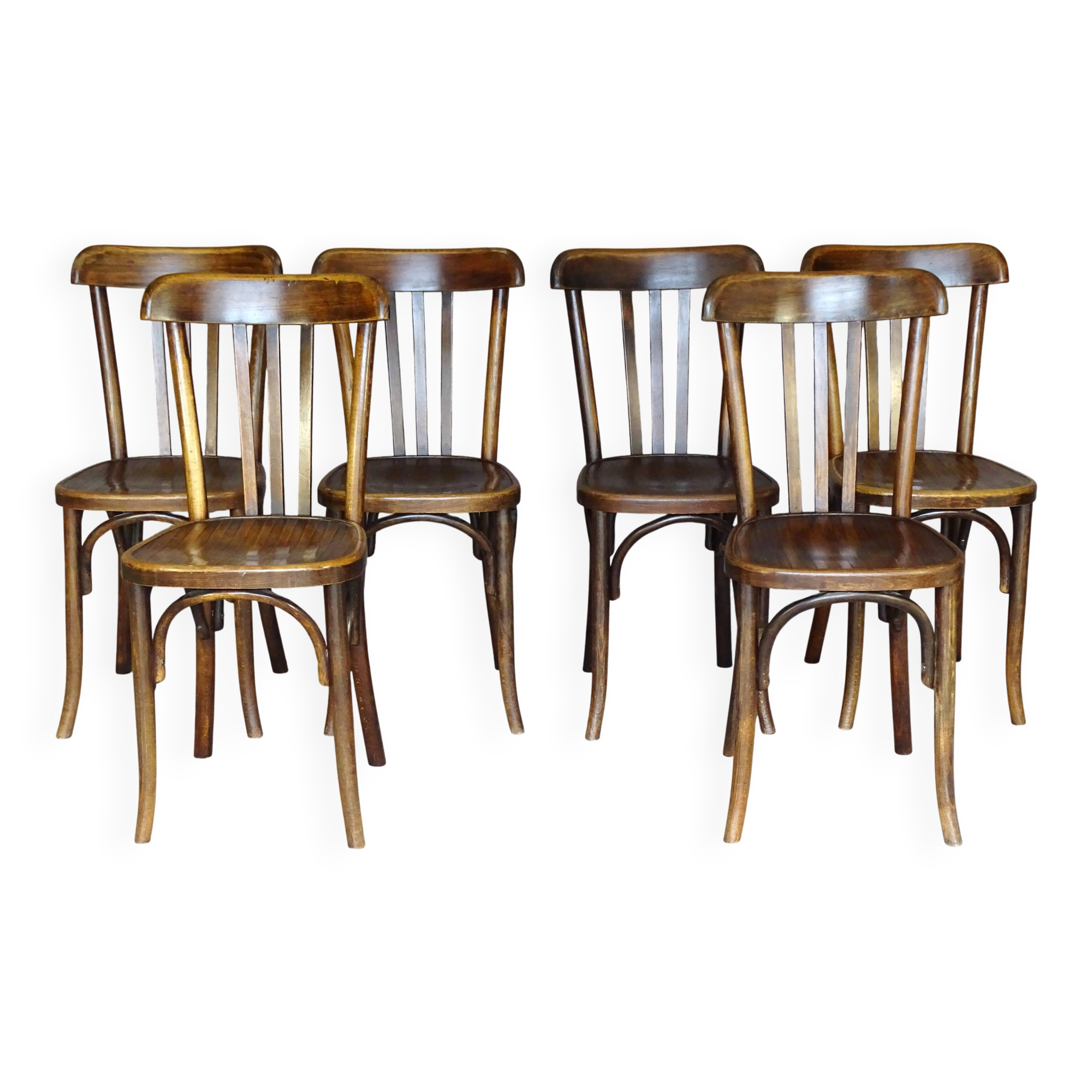 6 fischel n°409 bistro chairs, circa 1935, wooden seat, no thonet.