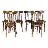 6 fischel n°409 bistro chairs, circa 1935, wooden seat, no thonet.
