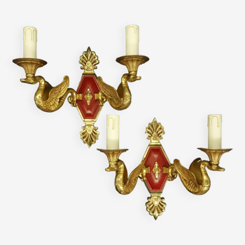 Pair of Empire style swan sconces from Petitot - bronze - burgundy color