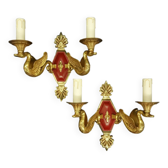 Pair of Empire style swan sconces from Petitot - bronze - burgundy color