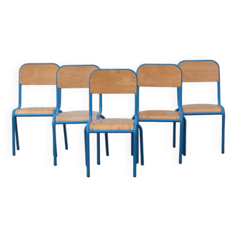 Chaises d’école vintage bleues et métal