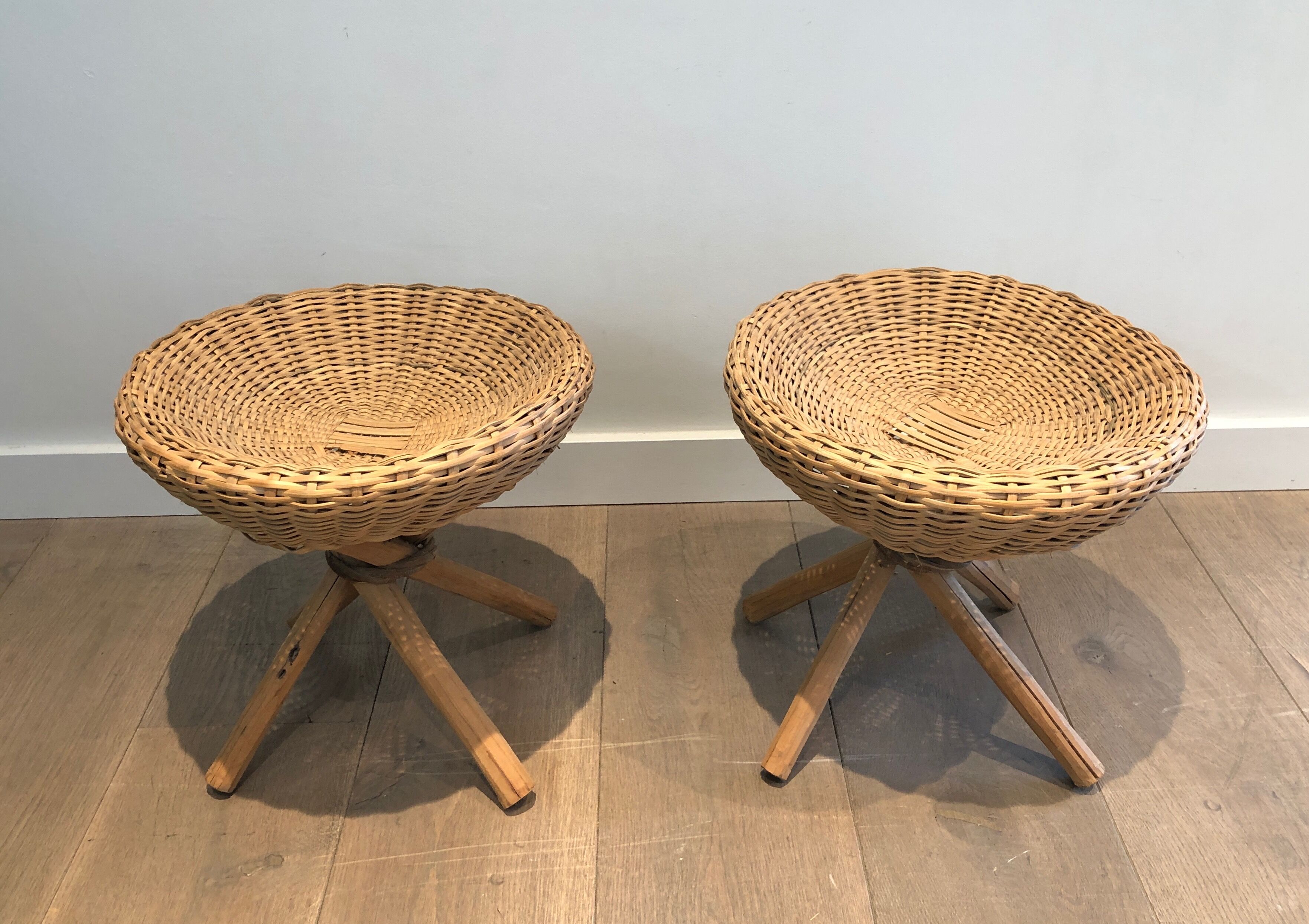 Pair of rattan stools. french work. around 1970